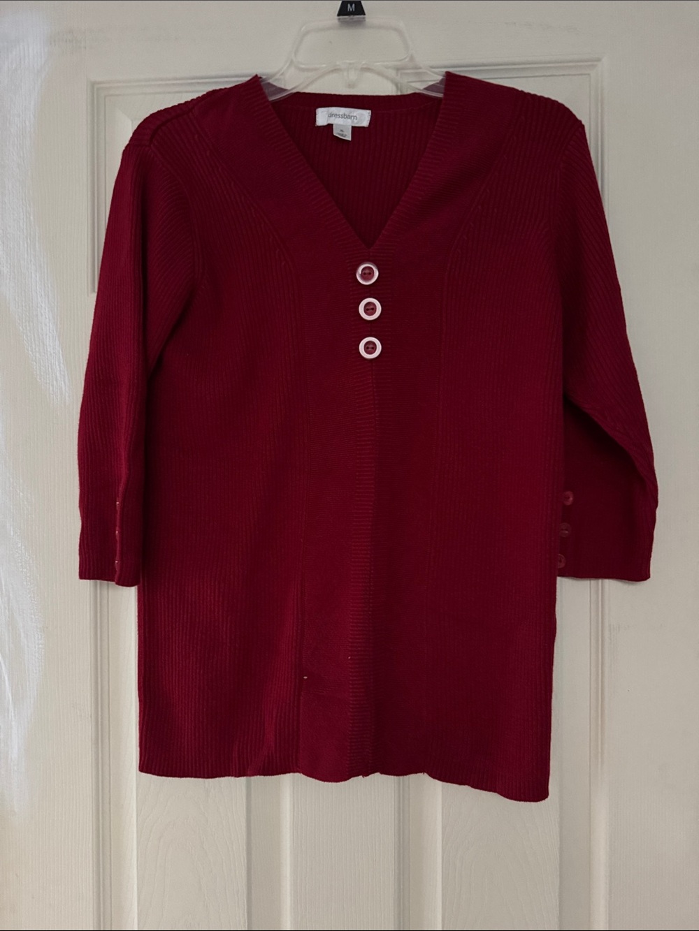dressbarn Women's V-Neck Button Accent Sweater - Burgundy Red